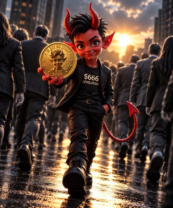 A digital illustration of a devil boy with horns and a red tail holding a gold '$666' coin, wearing a shirt that reads '$666 REVOLUTION', walking through a crowd of suited people.