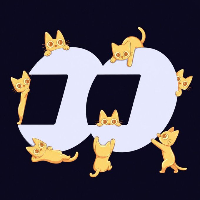 An illustration of six cartoon orange cats playing around and on a large white stylized 'D' or interlocking circle logo against a dark background.