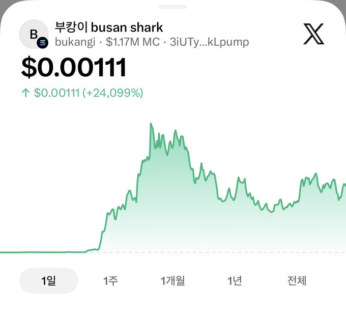 A mobile screenshot shows the Solana meme coin "부캉이 busan shark" (ticker $bukanGI) at $0.00111, up 24,099% with a $1.17M market cap, accompanied by a green chart illustrating the massive surge over the past month.