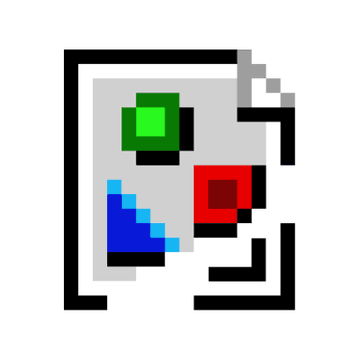 A pixel art icon depicting a gray document containing a green square, blue triangle, and red square.