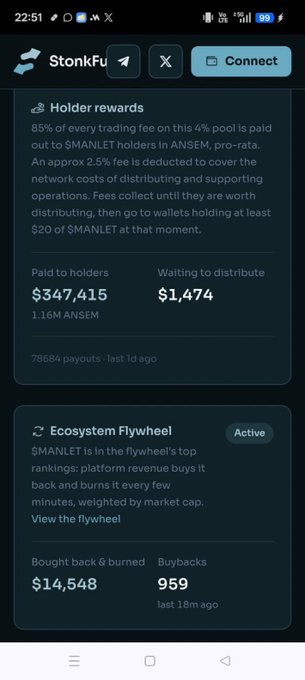 A mobile screenshot of the StonkFu app showing Holder rewards and Ecosystem Flywheel details for $MANLET, with $347,415 paid to holders and $14,548 in buybacks.