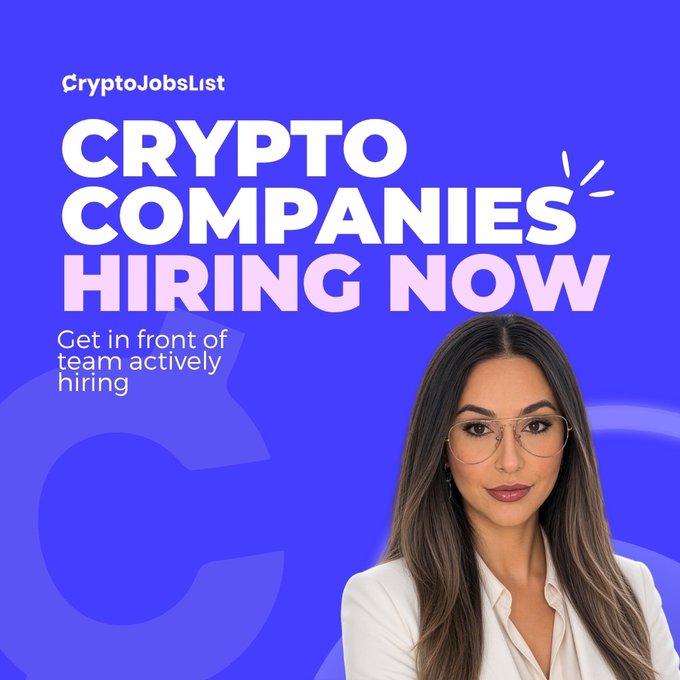 A blue promotional graphic for 'CryptoJobsList' advertising 'CRYPTO COMPANIES HIRING NOW' with a woman wearing glasses in a white blouse.