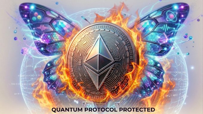 A digital artwork featuring a metallic Ethereum coin surrounded by flames and cosmic butterfly wings, with the text "QUANTUM PROTOCOL PROTECTED" at the bottom.