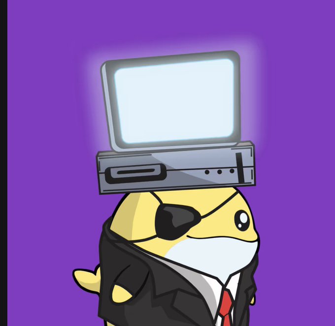 The image features a cartoon fish wearing a suit, tie, and mask with goggles, standing upright against a purple background. The fish has a laptop placed on its head, giving the impression that it's wearing a hat or top hat. The caption of the image reads "gm @whacky_whales Total volumes 35.5ETH Something comings soooooooon". This suggests that there might be some sort of event or gathering related to the fish and the laptop, possibly involving a presentation or performance.