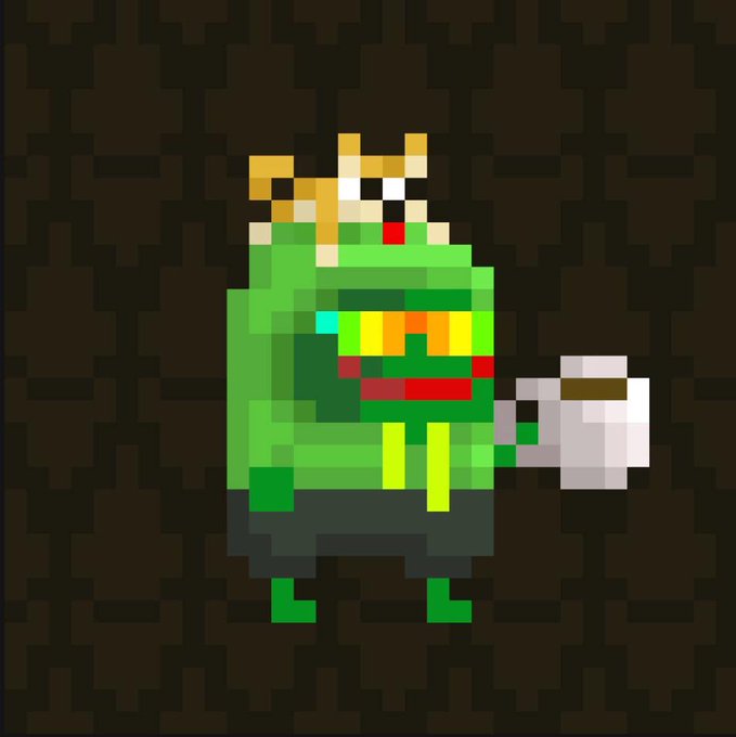 A pixel art rendering of the Pepe the Frog character wearing a small crown and holding a toilet paper roll, set against a dark brown patterned background.
