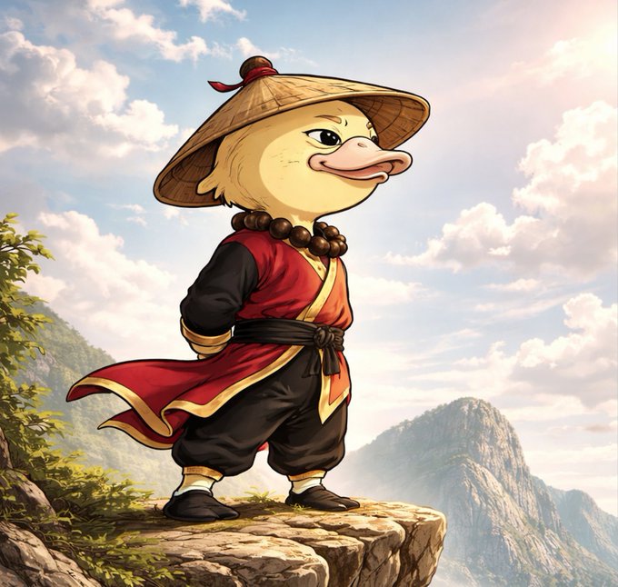 The image features a cartoon duck standing on top of a rock with mountains in the background. The duck is wearing a hat and traditional clothing, giving it an Asian-inspired appearance. The focus of the image is on the duck's unique outfit and pose, rather than any specific details about Wallchain or its services.