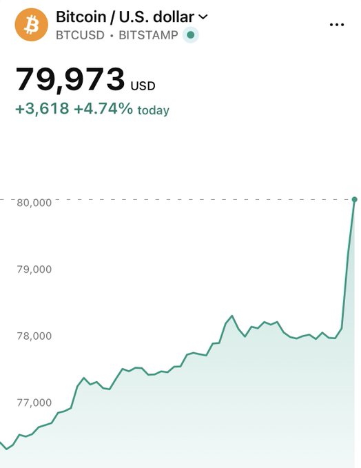 A Bitcoin price chart from Bitstamp shows BTCUSD at $79,973, up $3,618 (+4.74%) today, with a dramatic spike to nearly $80,000 after a steady climb from around $76,500—visually capturing the rally being welcomed back.