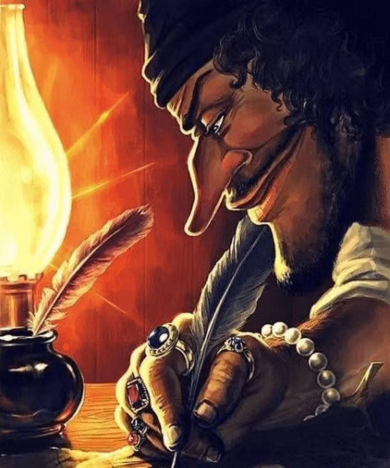 A caricatured figure adorned with lavish jewelry—including a sapphire ring, red gemstone ring, and pearl bracelet—intently writes with a quill pen by the warm glow of an oil lamp, evoking the imagery of an old-world scribe or appraiser. The artwork mirrors the post's message by capturing the timeless craft of artistic creation, suggesting that those who appreciate NFTs for both their monetary and artistic value—like the richly adorned figure valuing his craft—enjoy the fullest experience.