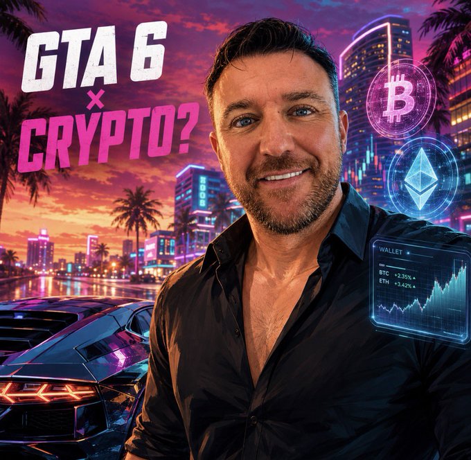 A smiling man in a black shirt stands in front of a neon-lit Miami-style cityscape with a sports car, palm trees, and holographic crypto symbols (Bitcoin and Ethereum) displayed alongside a digital wallet showing BTC and ETH price gains. Bold text reads "GTA 6 x CRYPTO?" and the image visually represents the post's speculation about Rockstar potentially integrating cryptocurrency technology into GTA 6 rather than launching a dedicated token.
