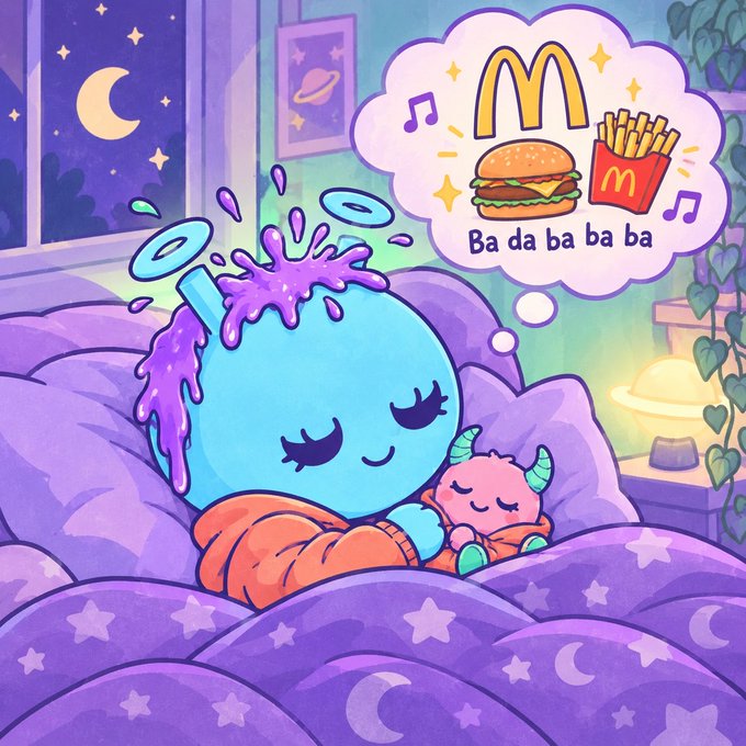 A cute cartoon character with purple hair sleeps in bed dreaming of McDonald's food, including a hamburger and fries, with 'Ba da ba ba ba' written in the dream bubble.