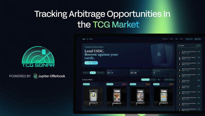 A promotional graphic for 'TCG SONAR' showing a dashboard with the text 'Tracking Arbitrage Opportunities in the TCG Market' and 'POWERED BY Jupiter Offerbook'.