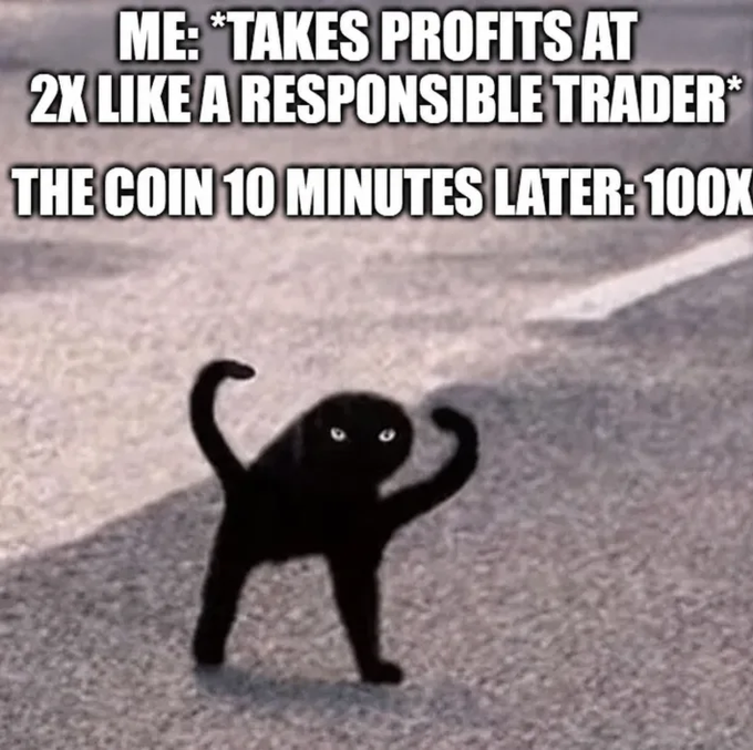 A meme featuring a black cat striking a dramatic pose with text: 'ME: *TAKES PROFITS AT 2X LIKE A RESPONSIBLE TRADER* The coin 10 minutes later: 100X'.