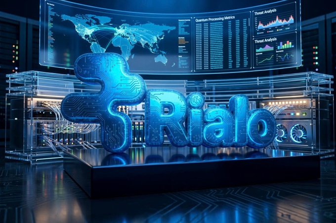 A futuristic 3D rendering of the Rialo logo in glowing blue with server racks and data analytics displays in the background.