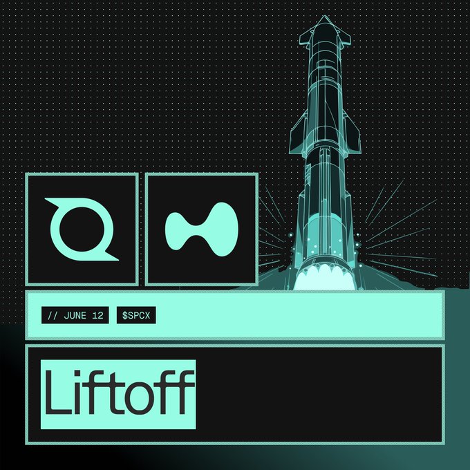 A green and black poster for the Liftoff event that was held in June 2012 with an advertisement at the bottom of the picture for SPCX.
