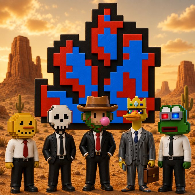 Pixel-art style figures dressed in suits, including a duck with a crown, stand in a desert landscape in front of a large red and blue pixelated design.