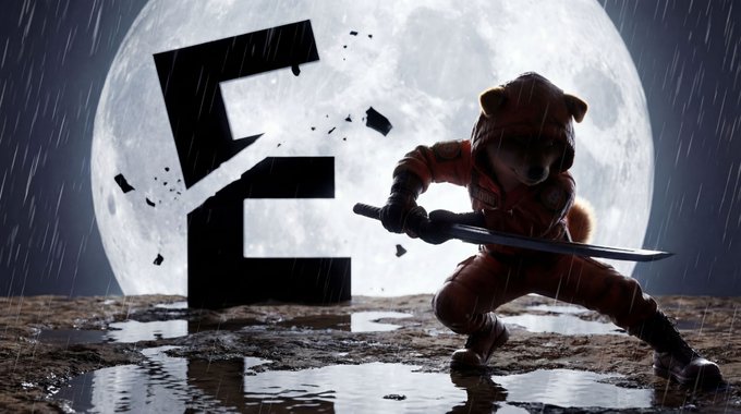 A bear dressed as a samurai warrior wields a katana in front of a large moon, with a bold black letter 'E' floating nearby.