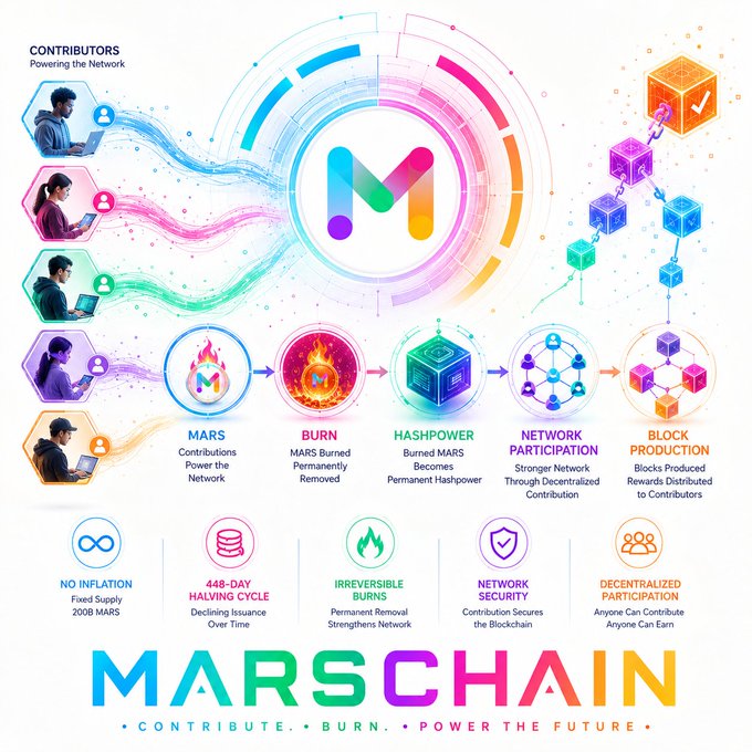 An infographic for "MARSCHAIN" explaining its ecosystem with the tagline "CONTRIBUTE. BURN. POWER THE FUTURE," showing a process flow from contributors powering the network through MARS contributions, BURN, HASHPOWER, NETWORK PARTICIPATION, and BLOCK PRODUCTION, with features including "NO INFLATION," "448-DAY HALVING CYCLE," "IRREVERSIBLE BURNS," "NETWORK SECURITY," and "DECENTRALIZED PARTICIPATION."