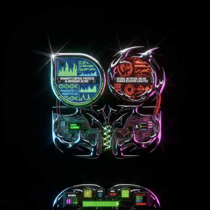 A stylized neon graphic design featuring a symmetrical mask or face with text reading 'HUMANITY CONTROL PROTOCOL AI OVERSIGHT ACTIVE' and 'NEURAL NETWORK ONLINE HUMAN BEHAVIOR ANALYSIS'.