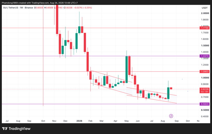 A TradingView weekly candlestick chart for SUI/USDT on Binance, showing a descending channel pattern between roughly $0.59 and $1.39, with current price at $0.8228 (down 3.25%).