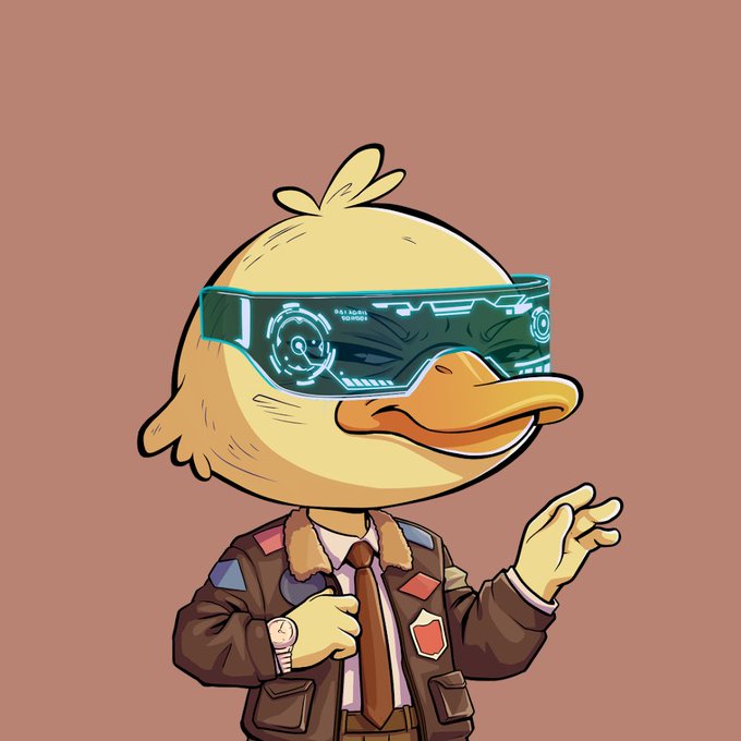 A cartoon illustration of a yellow duck wearing a futuristic cyan glowing visor/headset with 'MK I TESTED TERRIFYING' text, dressed in a brown jacket and tie with patches, gesturing with one hand.