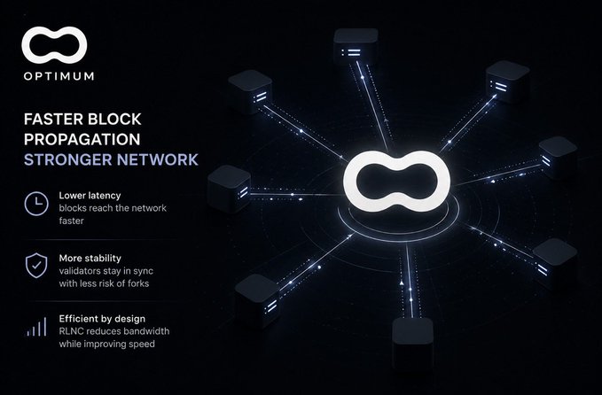 An Optimum blockchain promotional graphic highlighting 'FASTER BLOCK PROPAGATION, STRONGER NETWORK' with features like lower latency, more stability, and efficient design.