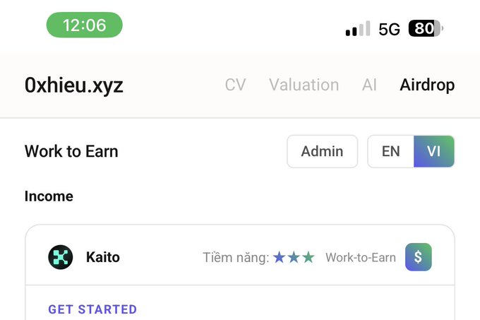 Screenshot of the Oxhieu.xyz website's Airdrop section showing a 'Work to Earn' income opportunity for Kaito, rated 3 out of 5 stars for potential ('Tiềm năng'), with 'GET STARTED' and language toggle options visible.