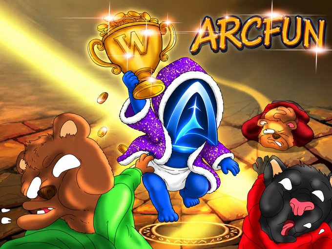 Illustration of a blue character in a purple robe holding a golden '1W' trophy surrounded by bears, with 'ARCFUN' text.