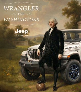The image features a man dressed in a suit, standing next to a Jeep Wrangler car with the hood up. The man appears to be posing for a picture or participating in an event related to the World Cup. There are also two soccer balls present in the scene - one near the man and another further away from him.