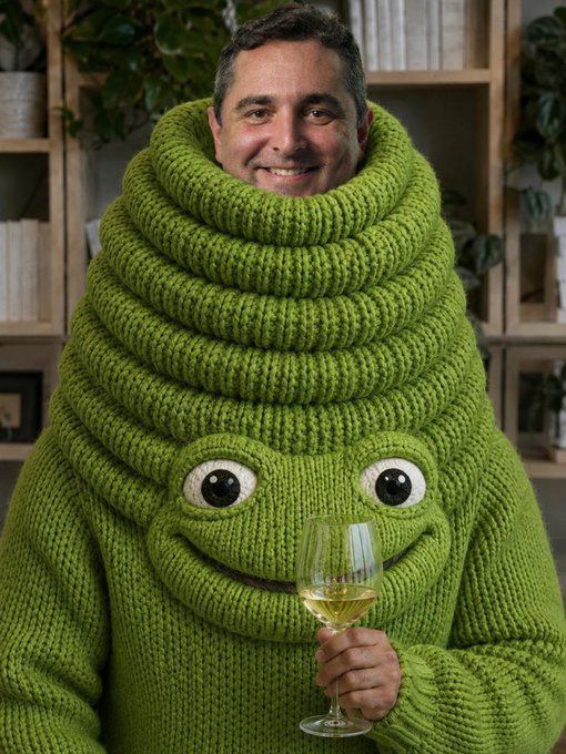 Mike Dudas peeks out from the top of a vibrant green knitted creature costume, holding a glass of white wine with a playful grin. The whimsical outfit, featuring cartoonish eyes and a wide smile, ties into the post's theme of rallying the crypto community around a fun, meme-driven mobile app launch for Pump.fun.