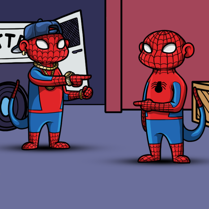 A cartoon illustration shows two Spider-Man-style characters in a parking garage, one wearing a cap and gold chain pointing at the other.