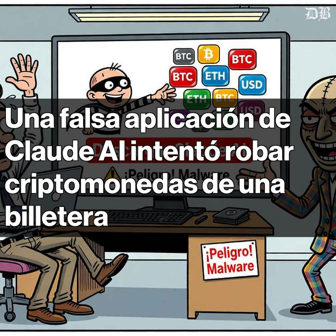 A cartoon illustration warning about a fake Claude AI app attempting to steal cryptocurrencies from a wallet, with text reading 'Una falsa aplicación de Claude AI intentó robar criptomonedas de una billetera' and icons for BTC, ETH, and USD above a '¡Peligro! Malware' warning.