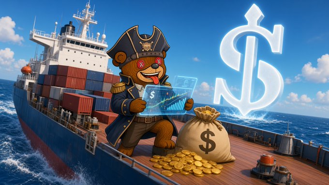 A cartoon bear dressed as a pirate captain stands on the deck of a cargo ship, holding a tablet with financial charts next to a money bag overflowing with gold coins and a large dollar sign.