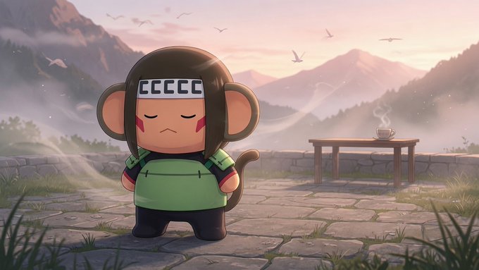Digital artwork of a stylized monkey NFT character with 'CCCCC' on its headband, standing in a misty mountain landscape with a tea table.