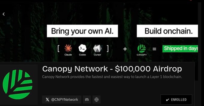 A crypto airdrop webpage for Canopy Network offering $100,000, with text 'Bring your own AI. Build onchain.' featuring logos of Claude, Codex, and Cursor, showing 'ENROLLED' status.