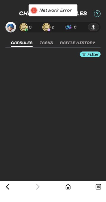 A mobile browser screenshot of capsule.fsl.com showing a 'Network Error' notification at the top, with empty content below the Capsules/Tasks/Raffle History tabs.