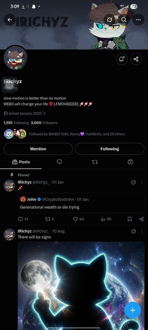 The image shows a Twitter/X profile page for "iRichyz" (@irichyz) displaying posts including a pinned message and a tribute post that references "$Yuki OG raider" in the accompanying caption, indicating the profile is sharing news about the loss of a community member to cancer. The page shows the user has 1,555 Following, 2,000 Followers, and joined January 2020, with a stylish anime-style cat profile picture.