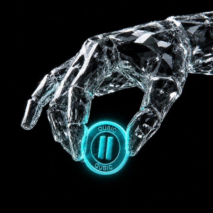 A digital art piece showing a crystalline, diamond-like hand reaching down toward a glowing cyan 'QUBIC' coin on a black background.