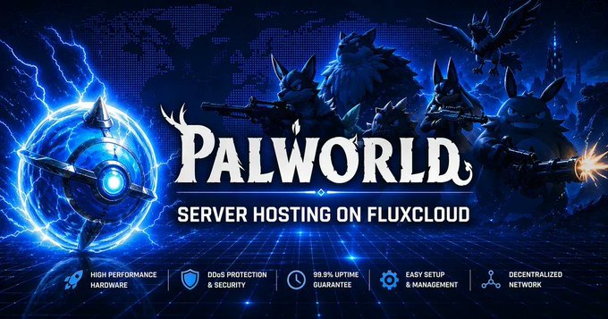 A promotional banner for 'PALWORLD SERVER HOSTING ON FLUXCLOUD' featuring armed creature characters in a dark blue setting, listing features like high-performance hardware, DDoS protection, 99.9% uptime guarantee, easy setup, and decentralized network.