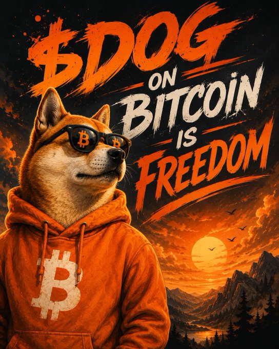The image features a Shiba Inu dog wearing an orange hoodie with a Bitcoin symbol, sunglasses, and standing against a sunset background. The caption below the image reads "GM $DOG IS FREEDOM", which seems to be a reference to the Bitcoin meme or joke.