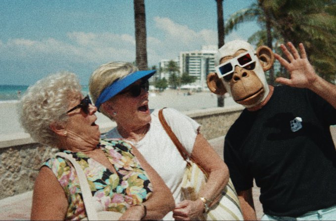 The image features three people, two women and one man, standing together with a monkey mask on their faces. One of the women has sunglasses on her head while she stands next to another woman who also has sunglasses on her head. The third person is wearing a black shirt and appears to be in a position that suggests they are posing for a photo. The post reads "GM bored ape yacht club", which seems unrelated to the scene but could potentially be an inside joke or reference among friends.