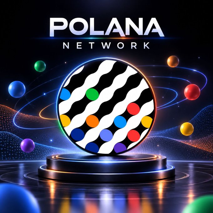 A digital promotional image for 'POLANA NETWORK' featuring a colorful, patterned circular logo surrounded by orbiting spheres on a cosmic background.