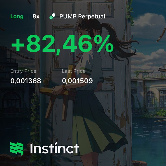 A trading screenshot from Instinct showing a successful 8x long position on PUMP Perpetual with a +82.46% gain (entry at 0.001368, last price 0.001509), overlaid on an anime-style image of a schoolgirl holding a chair, paired with a post thanking Ansem for a profitable $PUMP trade on Pumpfun.