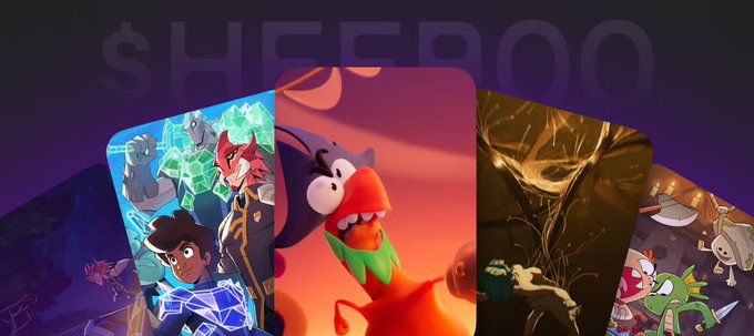 A promotional banner for the crypto token $HEEBOO features three stylized trading card designs showcasing cartoon characters—a heroic boy with a golem and red-haired figure, a goofy purple monster, and a dark villain with sheep—set against a purple background with the "$HEEBOO" branding prominently displayed. The card art ties directly into the token's playful, fantasy-themed mascot identity invoked by the "ROAR" callout.