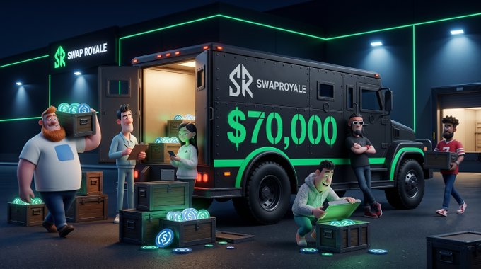 "The image features six cartoon characters standing around two green delivery trucks with the words 'Swarf Royal' printed on them. The main scene shows a man loading items onto one of the vans, while another man and woman are standing nearby, possibly assisting him or waiting for their turn to load. There's also an additional person in the image who is holding several bags of cash, which adds to the overall sense of anticipation and excitement surrounding the trucks and their prizes."