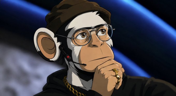 An animated chimpanzee with glasses, a headset, gold chain, and cap poses thoughtfully in front of a glowing blue background, fitting the "Anon" theme of an NFT mint for the AvaxAnons collection ($AVAX). The contemplative pose and "everyman" primate aesthetic align with the classic anon-style NFT branding being promoted.