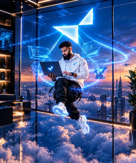 A man wearing a white hoodie floating above clouds in a futuristic room with glass walls, using a laptop with holographic blue displays around him.