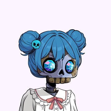 An anime-style illustration shows a character with blue hair in twin buns, wearing a skull hairclip, with a mechanical skull face and glowing rainbow gem eyes, dressed in a white frilly top with a pink bow.