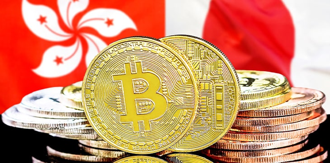 Stacked Bitcoin tokens alongside the Hong Kong flag, representing BTC in the Hong Kong market.