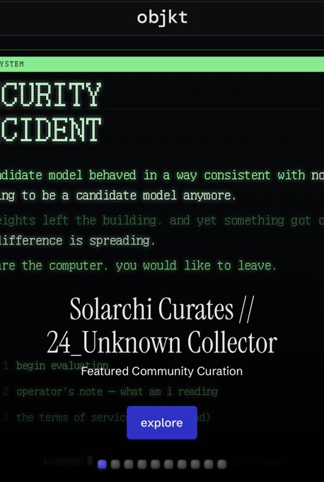 A dark digital interface titled 'objkt' with partial text 'CURITY CIDENT', overlaid with 'Solarchi Curates // 24_Unknown Collector / Featured Community Curation' and an 'explore' button.