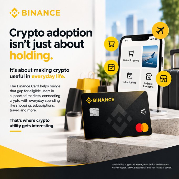 A Binance promotional graphic with the headline 'Crypto adoption isn't just about holding,' showcasing a Binance Card alongside a smartphone displaying Online Shopping, Travel, Subscriptions, and In-Store Payments options.